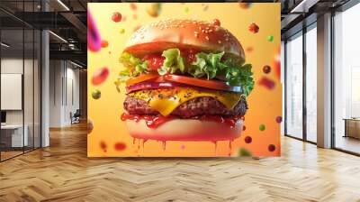 Fresh hot delicious burger. Juicy cheeseburger with pork and bacon. Beef burger with tomatoes, red onion, cucumber, sauce and salad. Unhealthy food. generation AI Wall mural