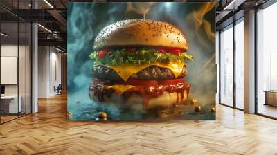 Fresh hot delicious burger. Juicy cheeseburger with pork and bacon. Beef burger with tomatoes, red onion, cucumber, sauce and salad. Unhealthy food. generation AI Wall mural