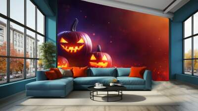 Jack-o'-lanterns in a cemetery on a spooky night - Halloween background, creepy spooky wallpaper for poster or postcard. AI generation Wall mural