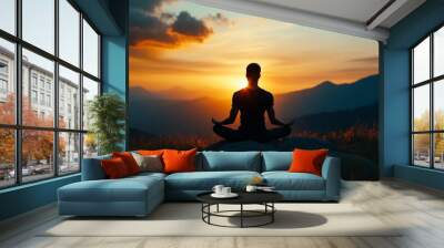 Mid adult man meditating  with yoga pose. Yoga and meditation symbol concept. A man meditates at sunset in the mountains. Journey. Lifestyle, relaxation, emotional concept, adventure. AI generation Wall mural