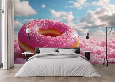 Pink bright matte sweet donut with multi-colored sprinkles.
Delicious glazed donuts on a colorful fantasy background. AI generation Wall mural