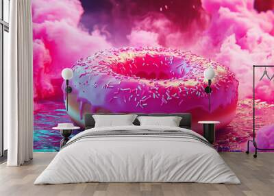 Pink bright matte sweet donut with multi-colored sprinkles.
Delicious glazed donuts on a colorful fantasy background. AI generation Wall mural