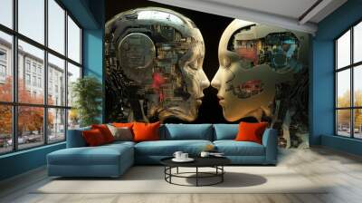 Two high-tech modern robots look at each other. Futurism. AI generation	 Wall mural