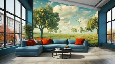 Wind turbines farm. AI generation Wall mural