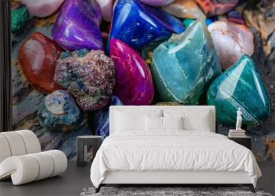 Colorful Raw Gemstones on Rock Surface - art of lithotherapy Wall mural