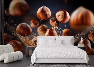 Hazelnut nuts explosion splash or falling for advertising banner or ad poster. Macro closeup hazelnut nuts falling explode motion for snack package or food product background Wall mural