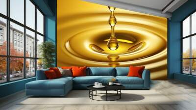 Yellow olive or sunflower oil liquid drop closeup background. Organic cosmetic splashing wave on golden surface texture, orange juice flowing, motor engine fluid smooth ripple Wall mural