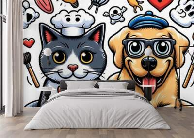 A cat design drawing graphic and dog design drawing graphic with different cartoon icons eyecatching unique creative professional. Wall mural