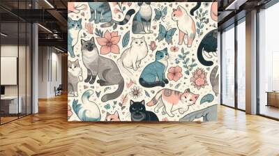 A pattern of cats and butterflies image realistic attractive lively has illustrative meaning illustrator. Wall mural