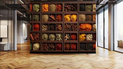 Assorted Spices colorful top view in different boxes. Aroma spice powder herb vibrant. Generate Ai Wall mural