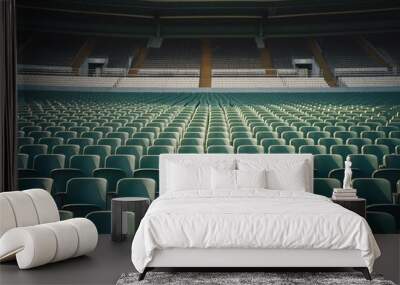 Atmospheric image depicting rows of empty green seats in a large stadium awaiting an audience Wall mural