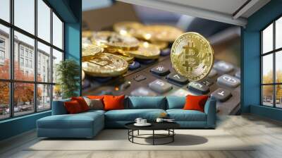 Bitcoin cryptocurrency standing on calculator keyboard buttons representing digital finance and investment Wall mural