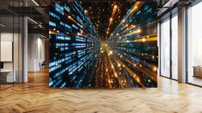 Blurred blue code streams along a dark tunnel lit by streaks of golden light, symbolizing rapid data transfer Wall mural