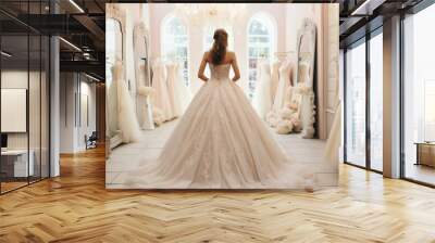 Bride-to-be stands in a bridal shop, her gown's train flowing behind her Wall mural