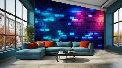 Bright Neon blue red brick wall structure. Concrete dark light room. Generate AI Wall mural