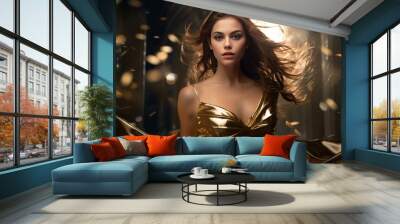 Captivating portrait of a woman in a shiny gold dress, with dynamic hair movement and sparkling background Wall mural