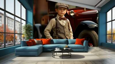 Charming American 1920 child boy. Old american car. Generate AI Wall mural