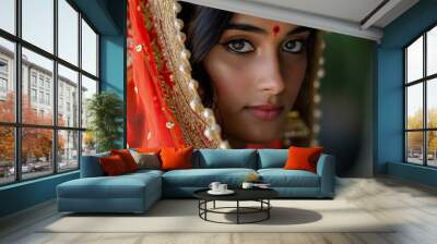 Close-up of a beautiful indian bride adorned in a vibrant red saree and intricate jewelry Wall mural