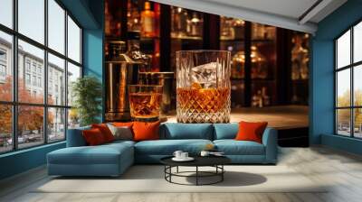 Close-up of a crystal whiskey glass with ice and a golden pour, bar ambiance with warm lighting Wall mural