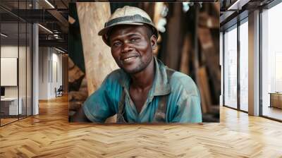 Close-up of a happy male construction worker wearing a hard hat at a worksite Wall mural