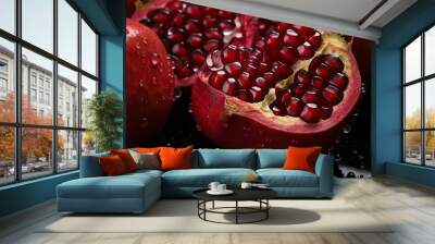 Close-up of juicy, ripe pomegranate seeds with water droplets on a dark, reflective surface Wall mural