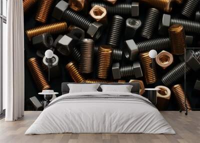 Close-up view of various screws and bolts with a sleek black background Wall mural