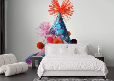 Colorful party hat standing on a white background with copy space Wall mural