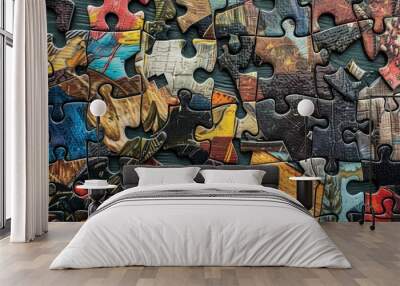 Colorful puzzle with some missing pieces over a dark wooden surface Wall mural