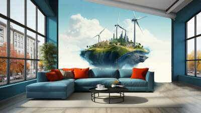 Conceptual artwork depicting an eco-friendly city on a floating island powered by wind energy against a clear sky Wall mural