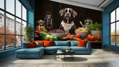 Cute boxer dog sits among various fresh vegetables and dog treats, implying a healthy pet diet Wall mural