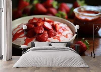 Delectable bowl of cream topped with juicy strawberries and drizzled with sweet syrup, perfect for a treat Wall mural