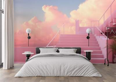 delicate stairs pink sky safety. steel old. generate ai Wall mural