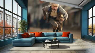 Dynamic image of an elderly man with an intense expression sprinting with determination Wall mural