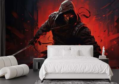 Enigmatic ninja with sword ready against a dramatic red backdrop Wall mural