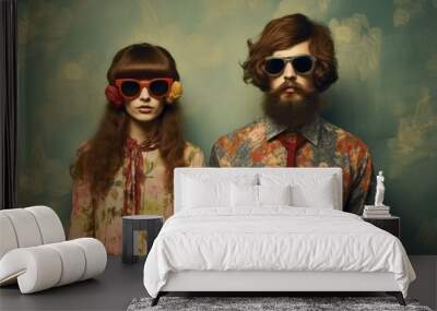 Fashion-forward couple posing with vintage floral patterns and unique accessories Wall mural