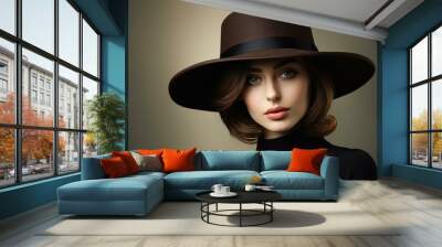 Fashionable Stylish elegant woman hat. Retro person party rose style. Generate Ai Wall mural