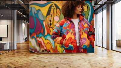 Fashionable woman with curly hair sports a vibrant jacket, posing by an artistic street mural Wall mural