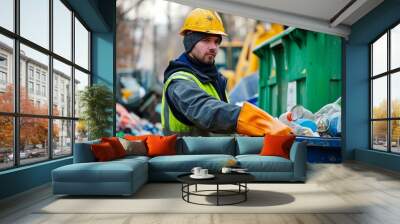 Focused waste management worker sorts materials in a recycling bin outdoors Wall mural