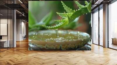 Fresh aloe vera leaf dripping sap into a bowl of aloe vera juice for use in skin and hair care Wall mural