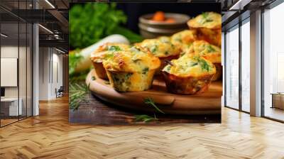 Freshly baked cheese and spinach muffins served on a rustic wooden board Wall mural