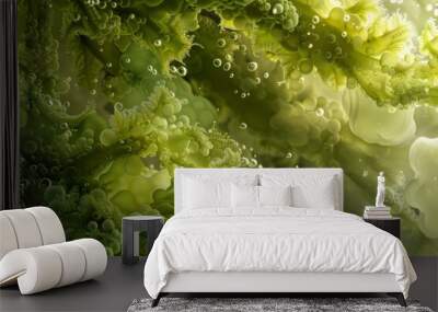 Green seaweed floating in water creating bubbles and abstract shapes Wall mural