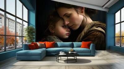 Heartwarming portrait of a mother holding her young child, depicting a serene and loving connection Wall mural