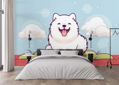 Joyful cartoon illustration of a white samoyed dog sitting on grass under a blue sky Wall mural