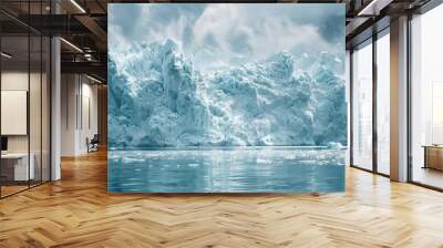 Large iceberg is floating in blue ocean water with dramatic clouds in the sky Wall mural