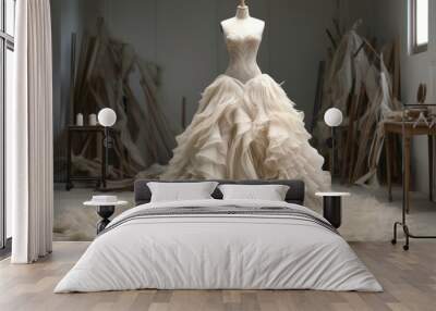 Luxurious wedding dress with ruffled skirt displayed in a creative studio setting Wall mural