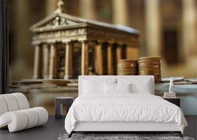 Miniature bank building standing on a wooden surface covered by stacks of coins, representing investment and wealth management Wall mural