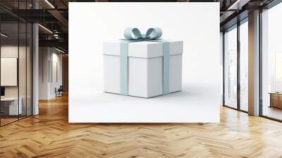 Minimalist white gift box tied with a satin blue bow on a clean background Wall mural