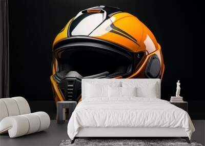 Modern motorcycle helmet with vibrant orange and black design on a reflective surface Wall mural