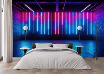 Neon blue red brick wall big lights. Glowing night space interior electric. Generate AI Wall mural