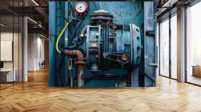 Old rusty industrial water pump with pipes and pressure gauge, showing pressure, attached to blue metal wall Wall mural